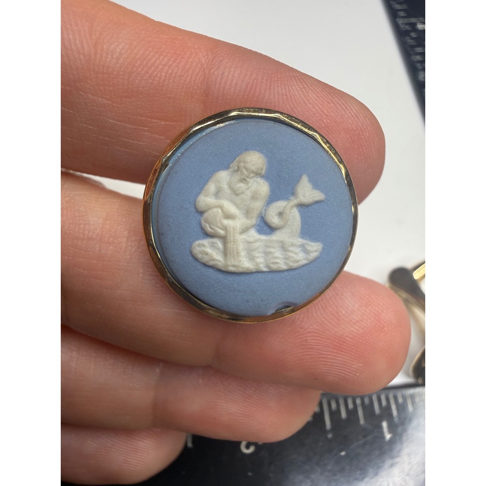 Wedgwood Jasperware Blue White Cameo Cufflinks Gold Tone Neptune Merman Vintage